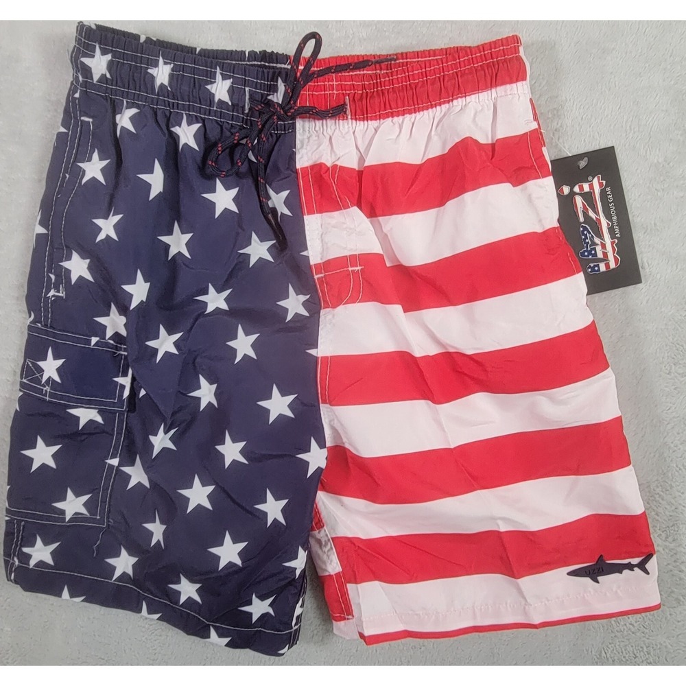 Uzzi Boys Large 10-12 American Flag Swim Trunks Patriotic‎ USA Stars Stripes NWT